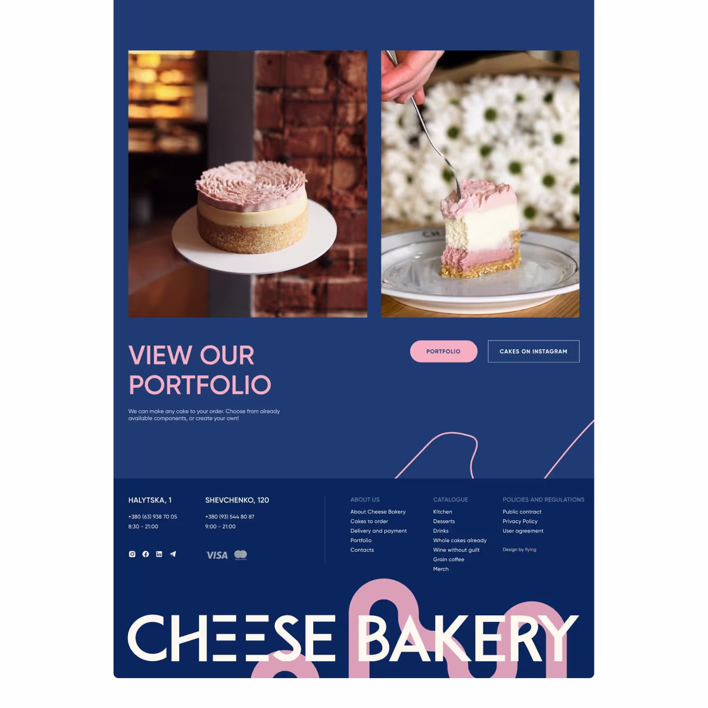 Cheese Bakery portfolio block and footer with both locations
