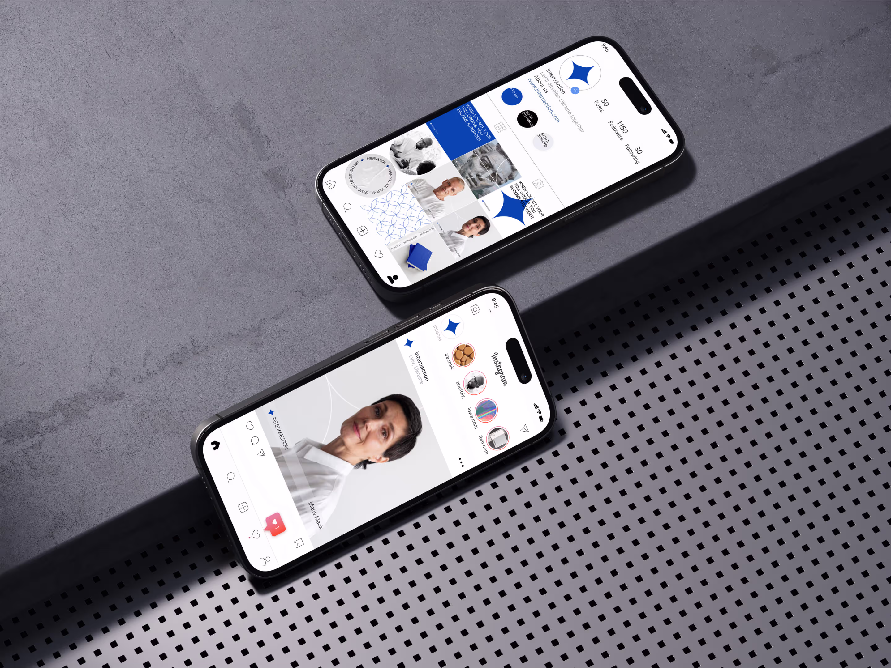 Профіль InterUAction в Instagram і сторіз на двох телефонах