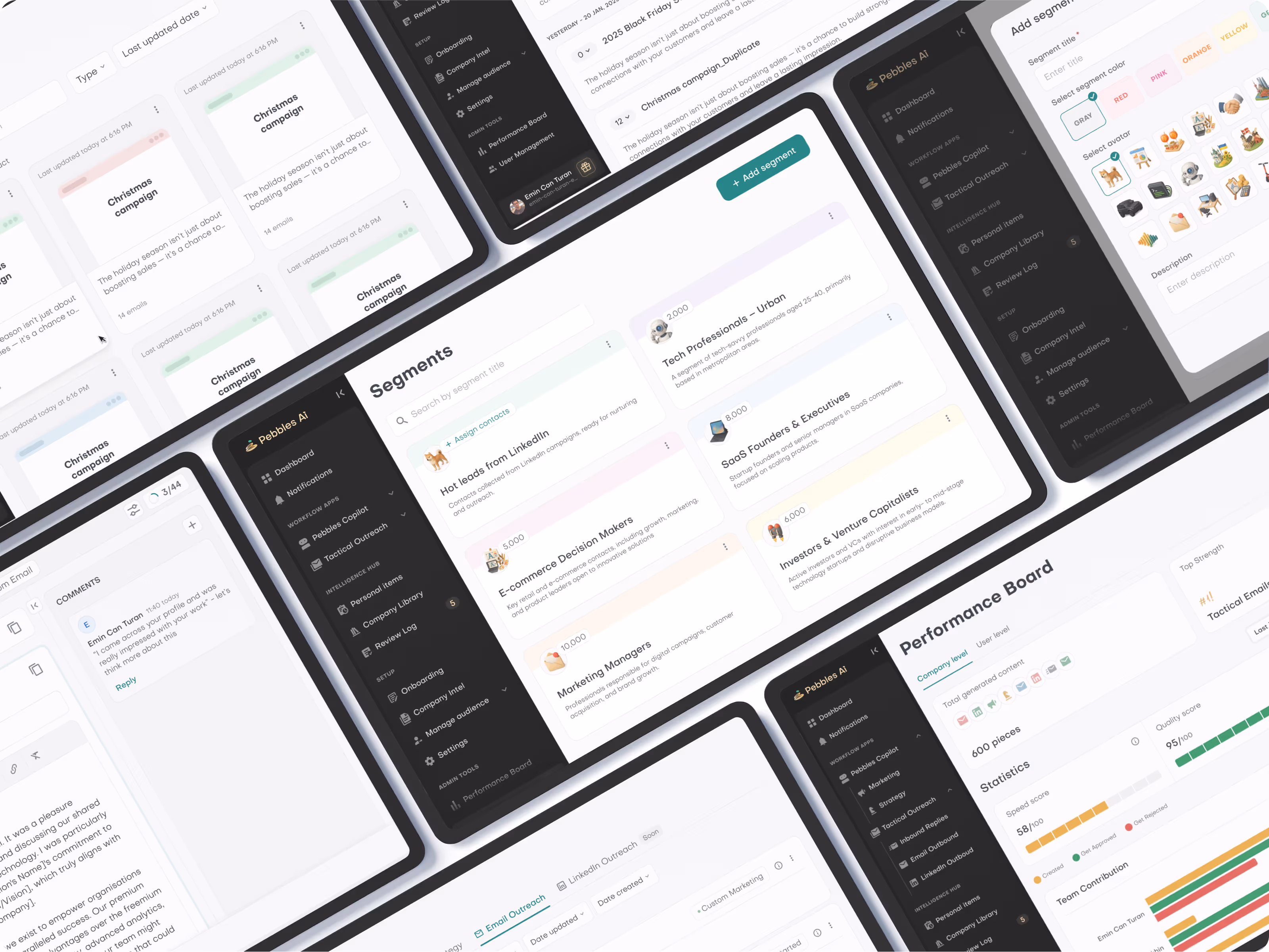 Екрани платформи Pebbles Ai: сегменти аудиторії, кампанії й панель результатів