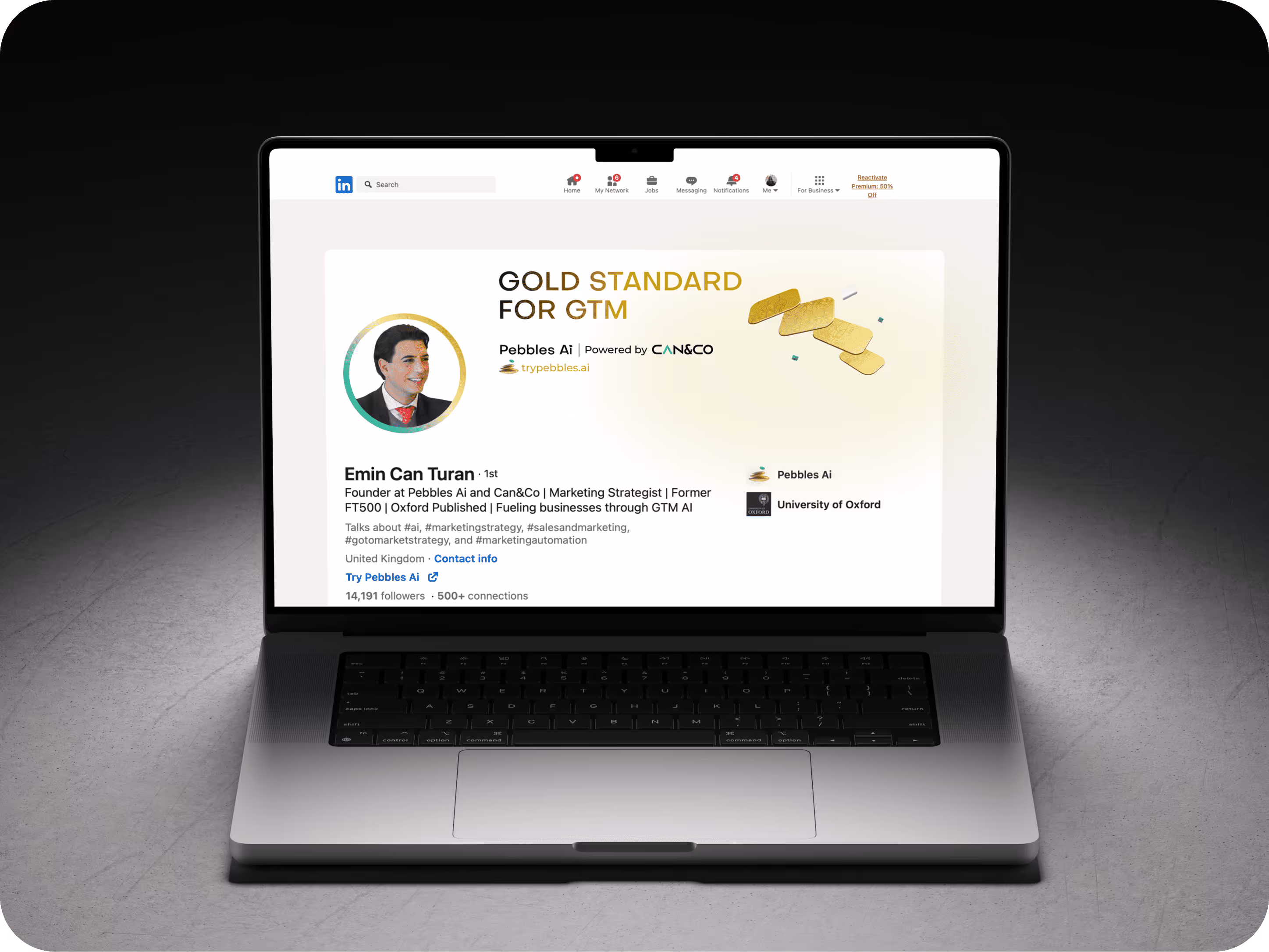 Профіль засновника в LinkedIn з банером Pebbles Ai на ноутбуці