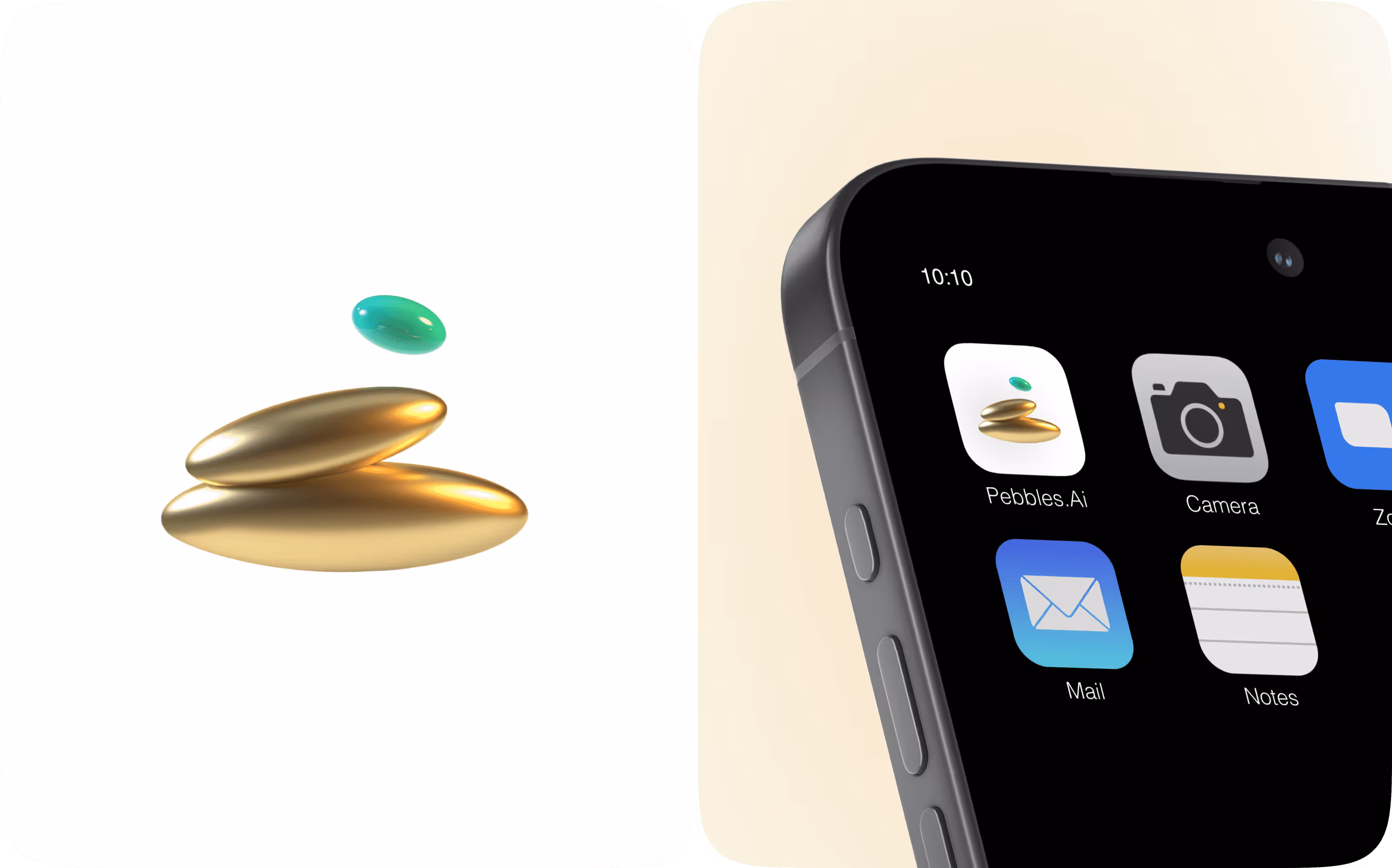 Маскот Pebbles Ai та іконка застосунку на головному екрані телефона