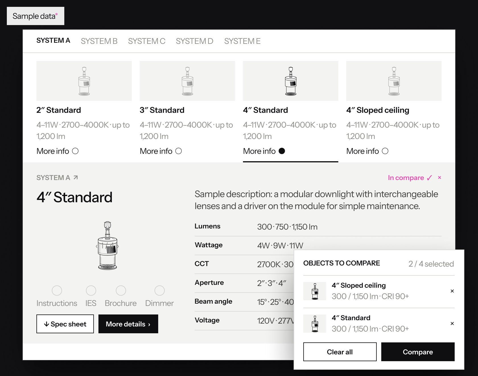 Sample quick view with key specs and downloads, and a compare tray holding up to four products