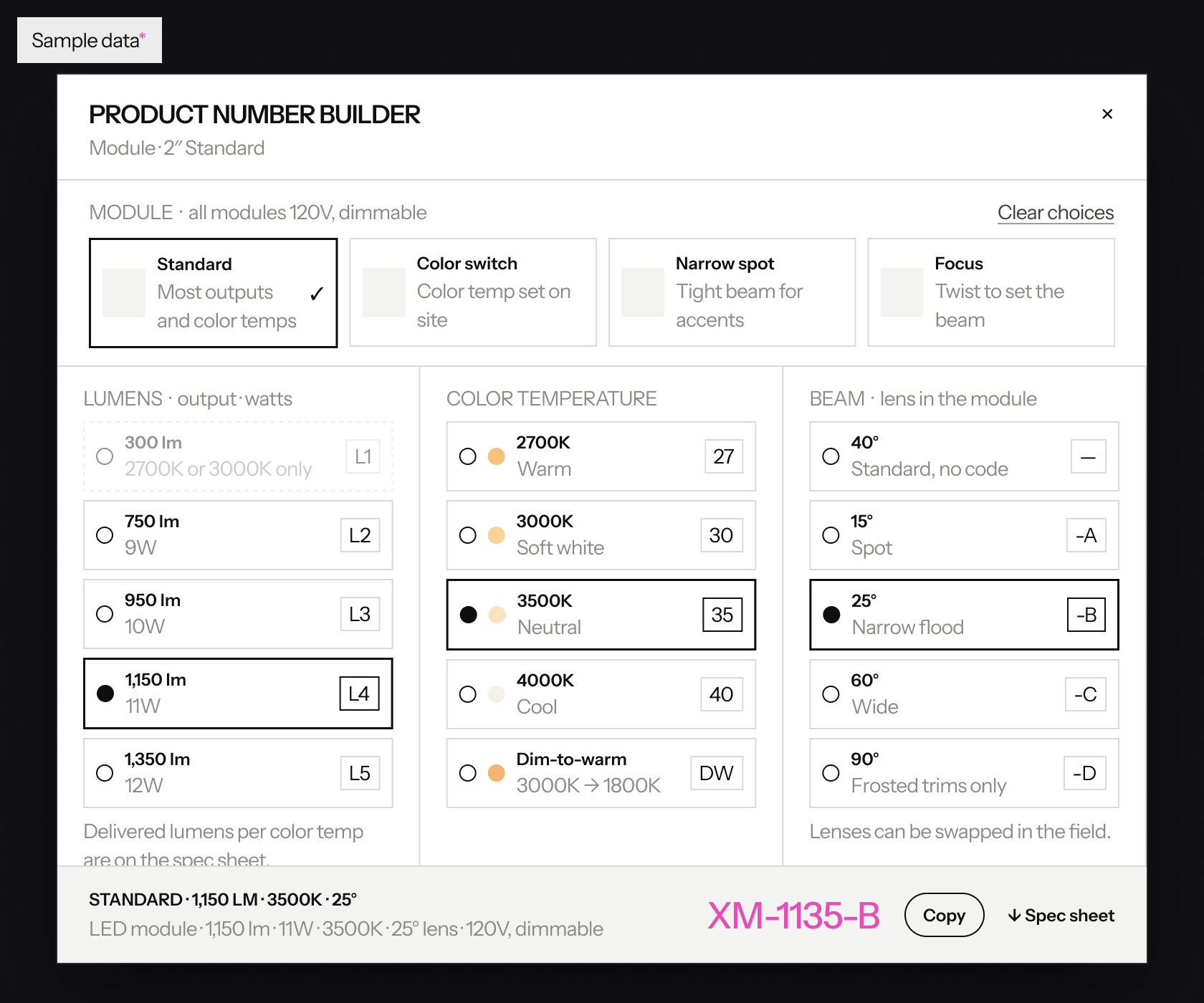 Sample product number builder: output, colour temperature and beam choices that assemble a valid part number