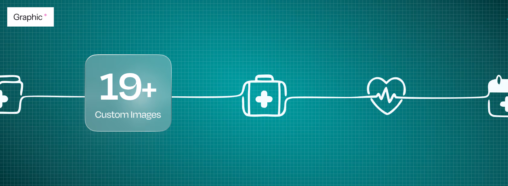 Hand-drawn line icons for medical services joined by one continuous line, with a card reading 19+ custom images
