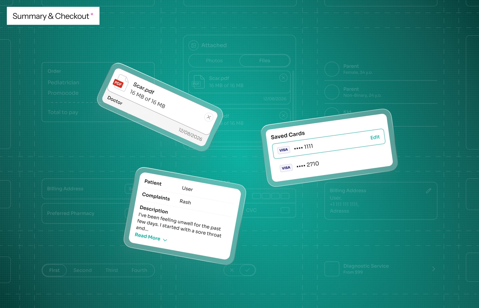 Sample order summary and checkout: an uploaded medical file, saved payment cards and a patient complaint card