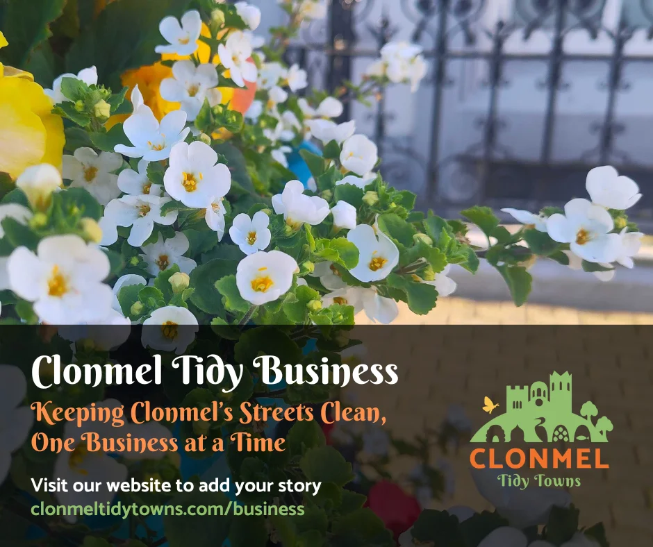 Poster for Clonmel Tidy Business initiative with a planter full of flowers in the background