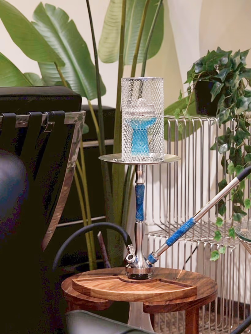 Silver and blue hookah with a mesh heat guard on a wooden table next to green plants and a black chair in a cozy indoor setting.