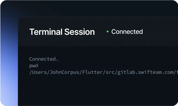 Active terminal session showing remote connection and command control in Swif.ai best windows mdm platform for secure device control windows management.