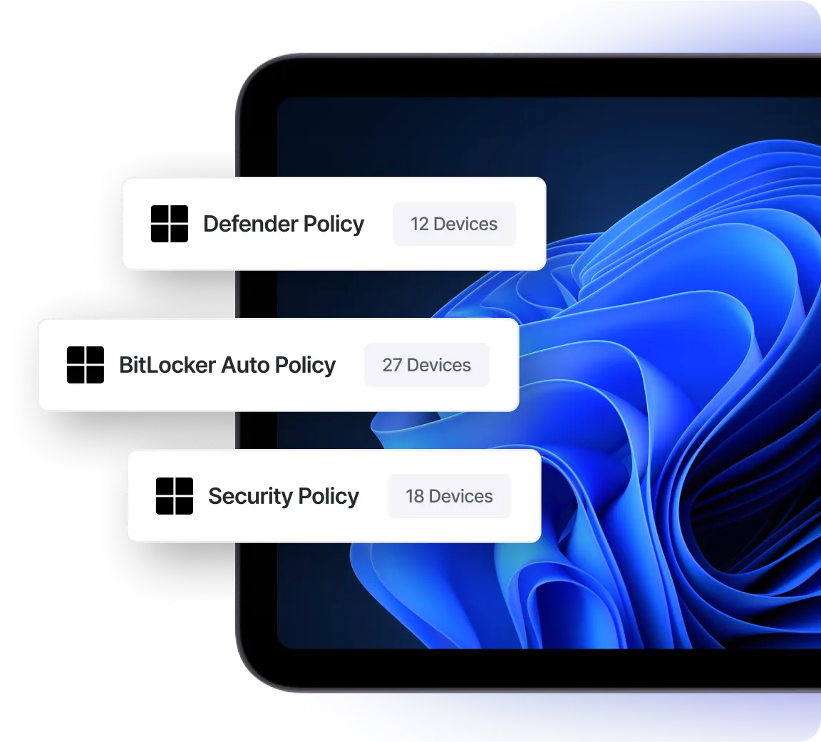 Windows tablet displaying Defender BitLocker and security policies managed through Swif.ai windows mobile device management software for enterprise security and compliance.
