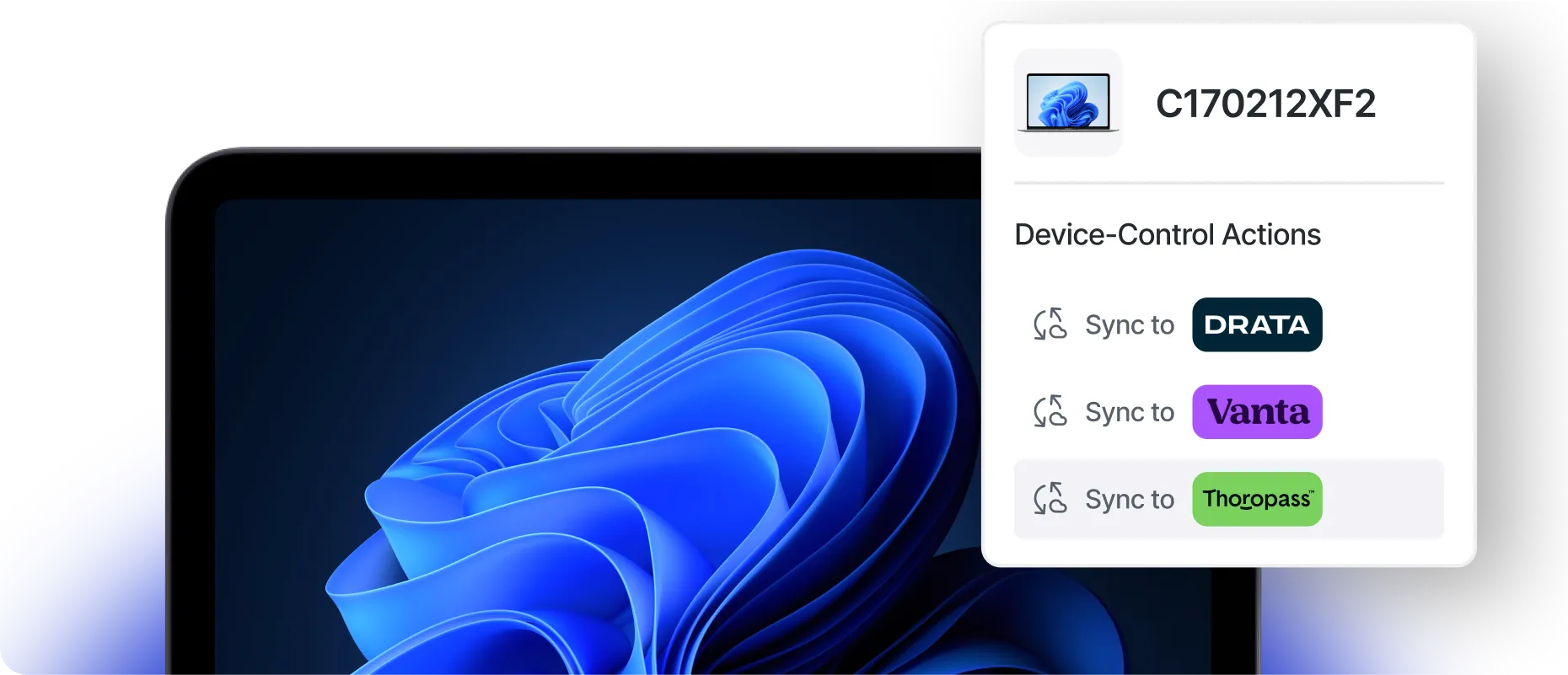 Windows device dashboard showing compliance sync to Drata Vanta and Thoropass through Swif.ai windows mdm software for automated audit readiness.
