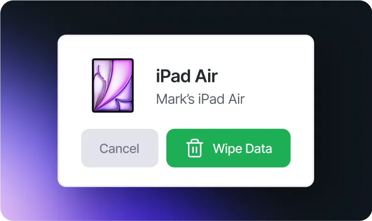 Apple MDM solution by Swif.ai showing remote wipe action for iPad Air to secure Apple devices from one platform.