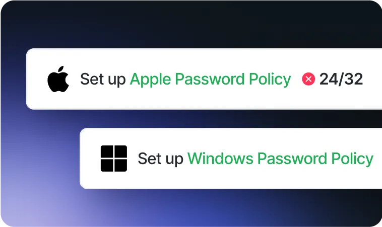 Device compliance interface showing Apple and Windows password policy setup managed by Swif.ai.
