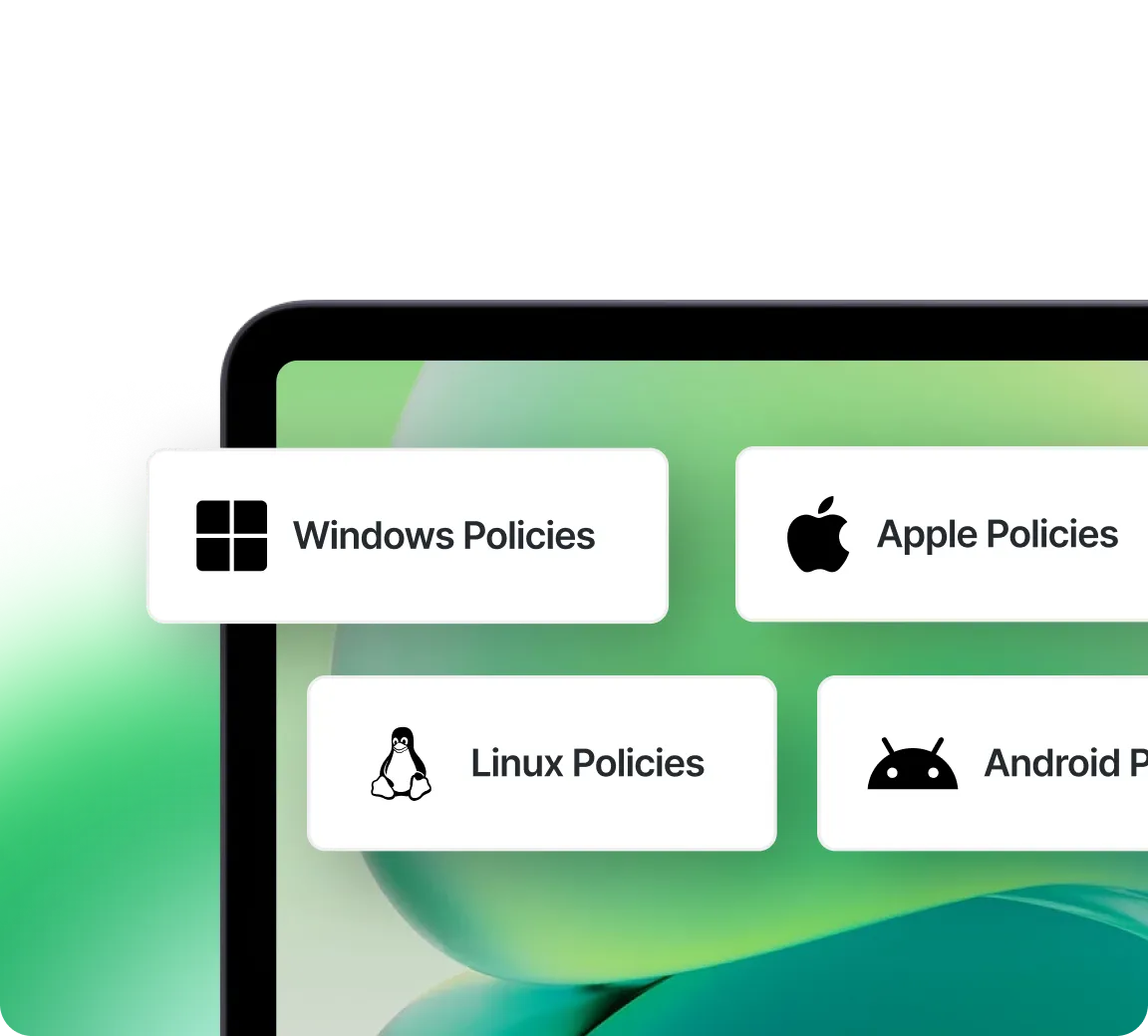 Enterprise mobile management platform showing unified policies for Windows Apple Linux and Android devices.