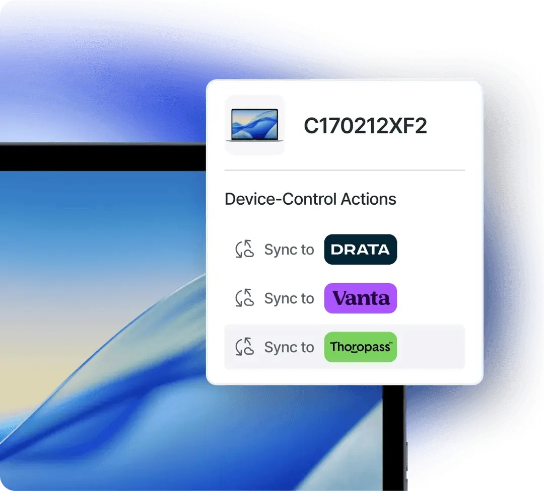 Swif.ai MDM solutions showing automated device control actions syncing compliance data to Drata, Vanta, and Thoropass