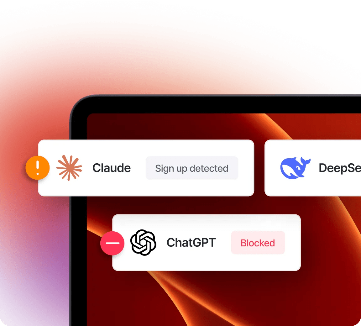 Enterprise compliance management dashboard detecting unauthorized AI app sign-ups and enforcing security policies.