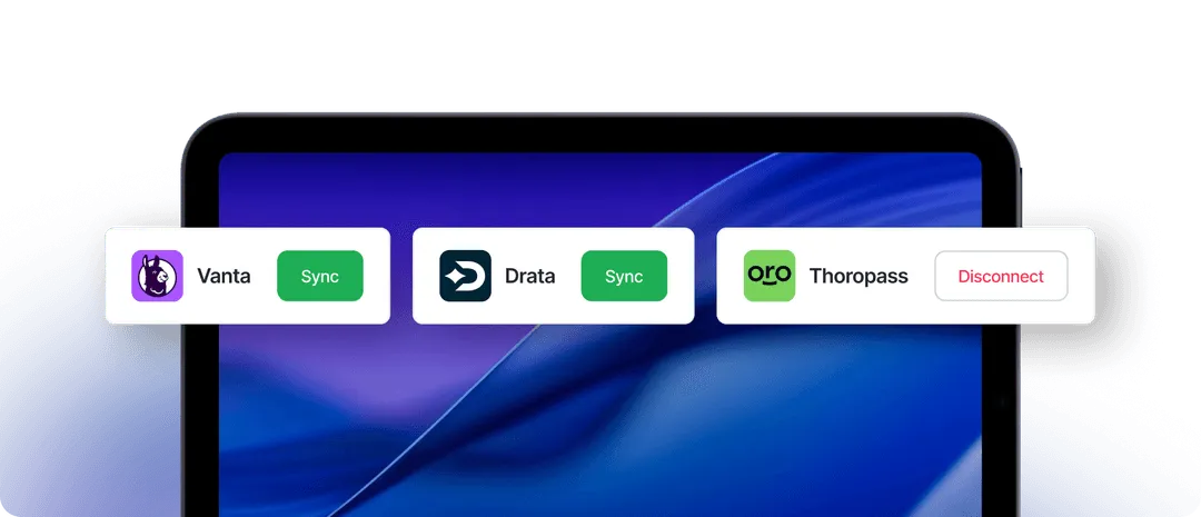 Enterprise risk and compliance automation showing integrations with Vanta Drata and Thoropass for continuous audit readiness.
