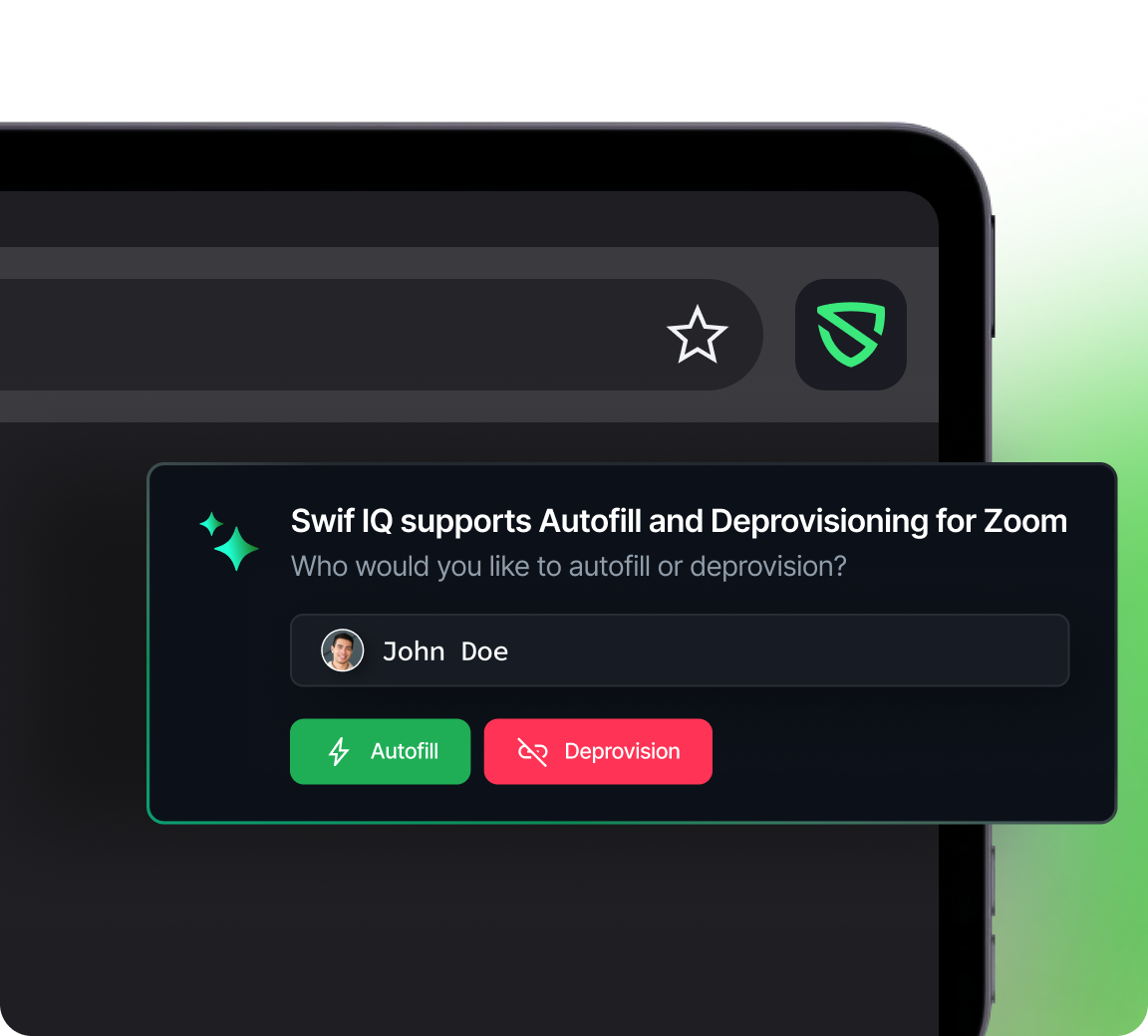 Swif IQ interface showing autofill and deprovisioning options for Zoom