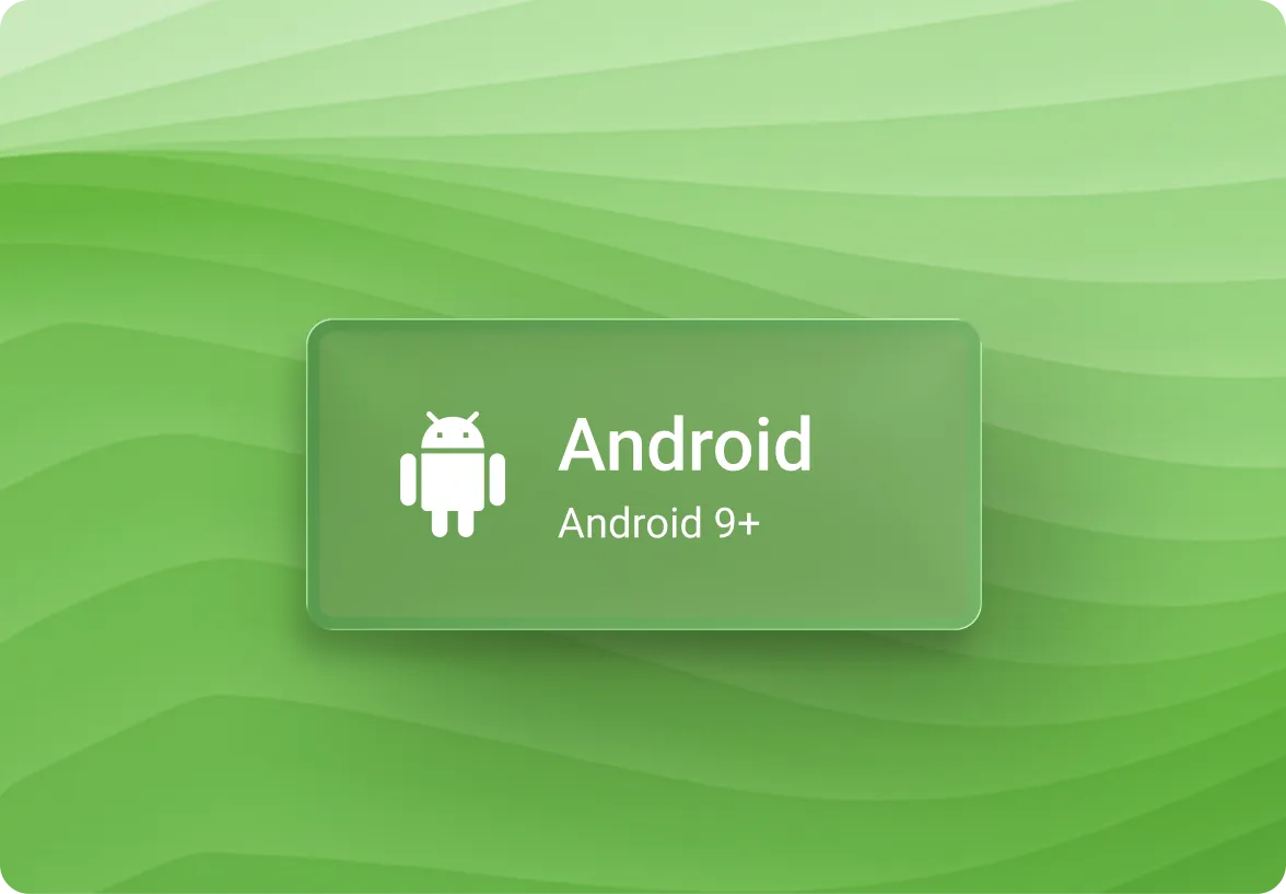 Android support banner showing the Android robot icon and minimum version requirement of 9+