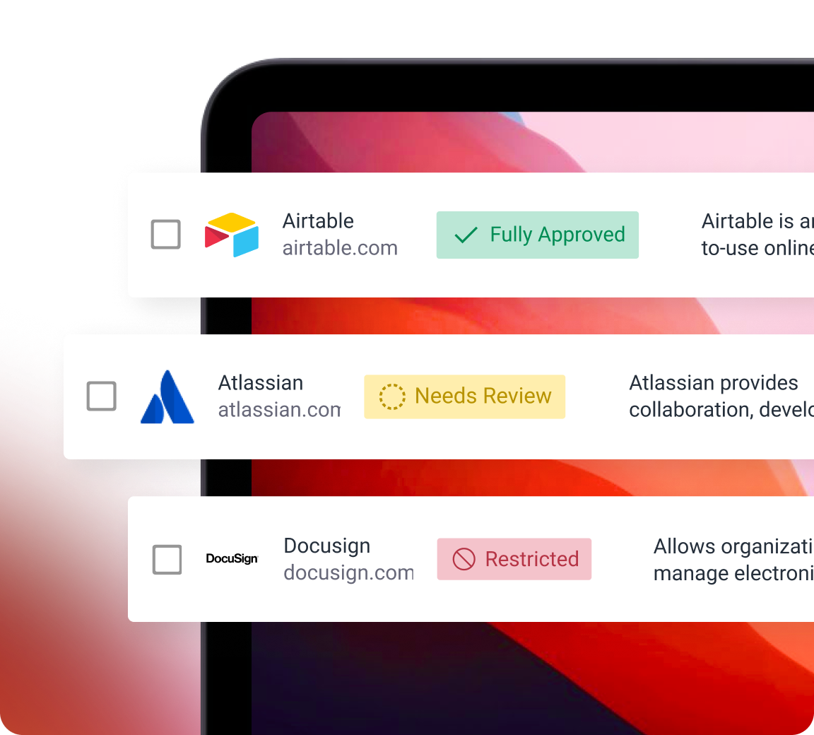 Software approval list showing Airtable, Atlassian, and DocuSign with different approval statuses.