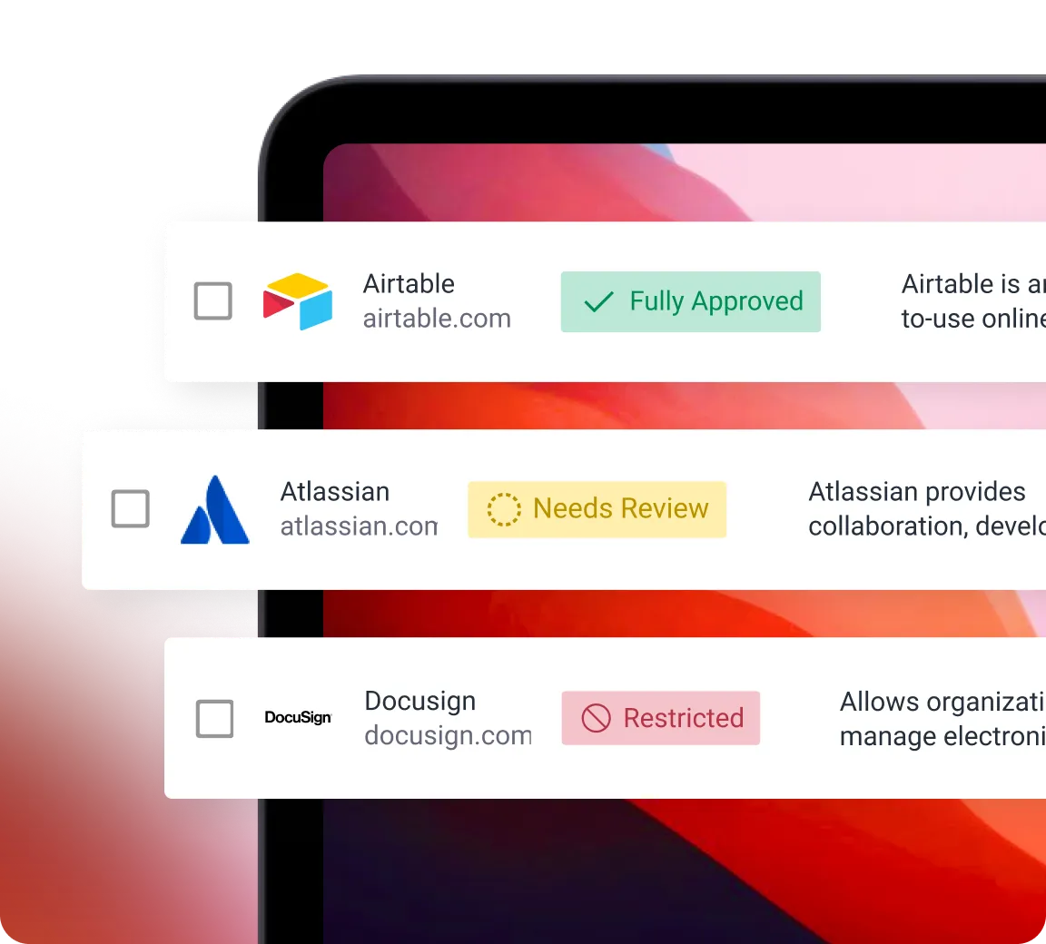 Software approval list showing Airtable, Atlassian, and DocuSign with different approval statuses.