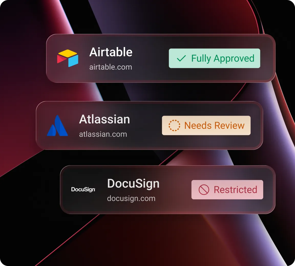 Software approval list showing Airtable, Atlassian, and DocuSign with different approval statuses.