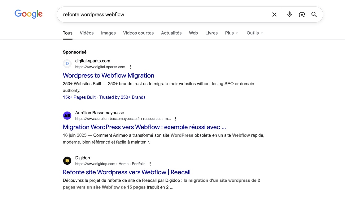 Résultat avec une approche longue traîne sur refonte wordpress webflow