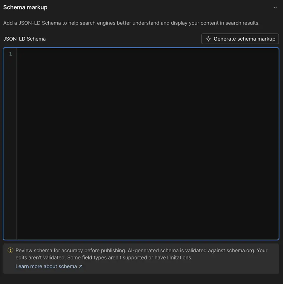 Vue du Panneau Schema markup dans l'interface webflow