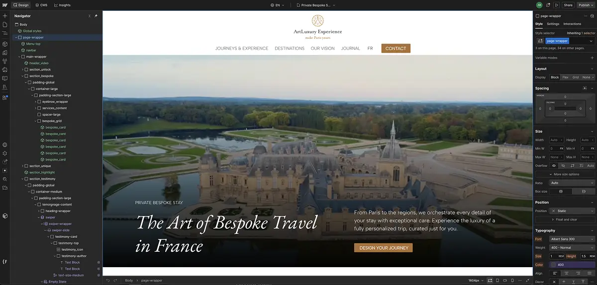 Vue de l'interface Webflow avec la structure html du site