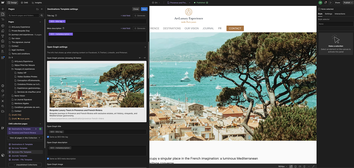 Vue des métadonnées d'un article depuis l'interface Webflow : open graph, title tag et metadescription d'un article