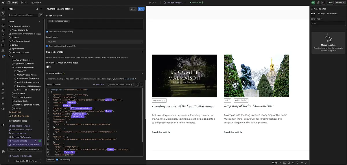 Interface de Webflow : paramètres de la page section schema markup
