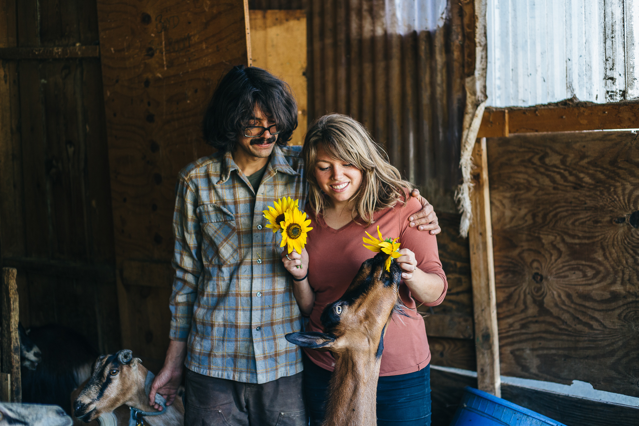A man and a woman holding sunflowers with some farm animals.