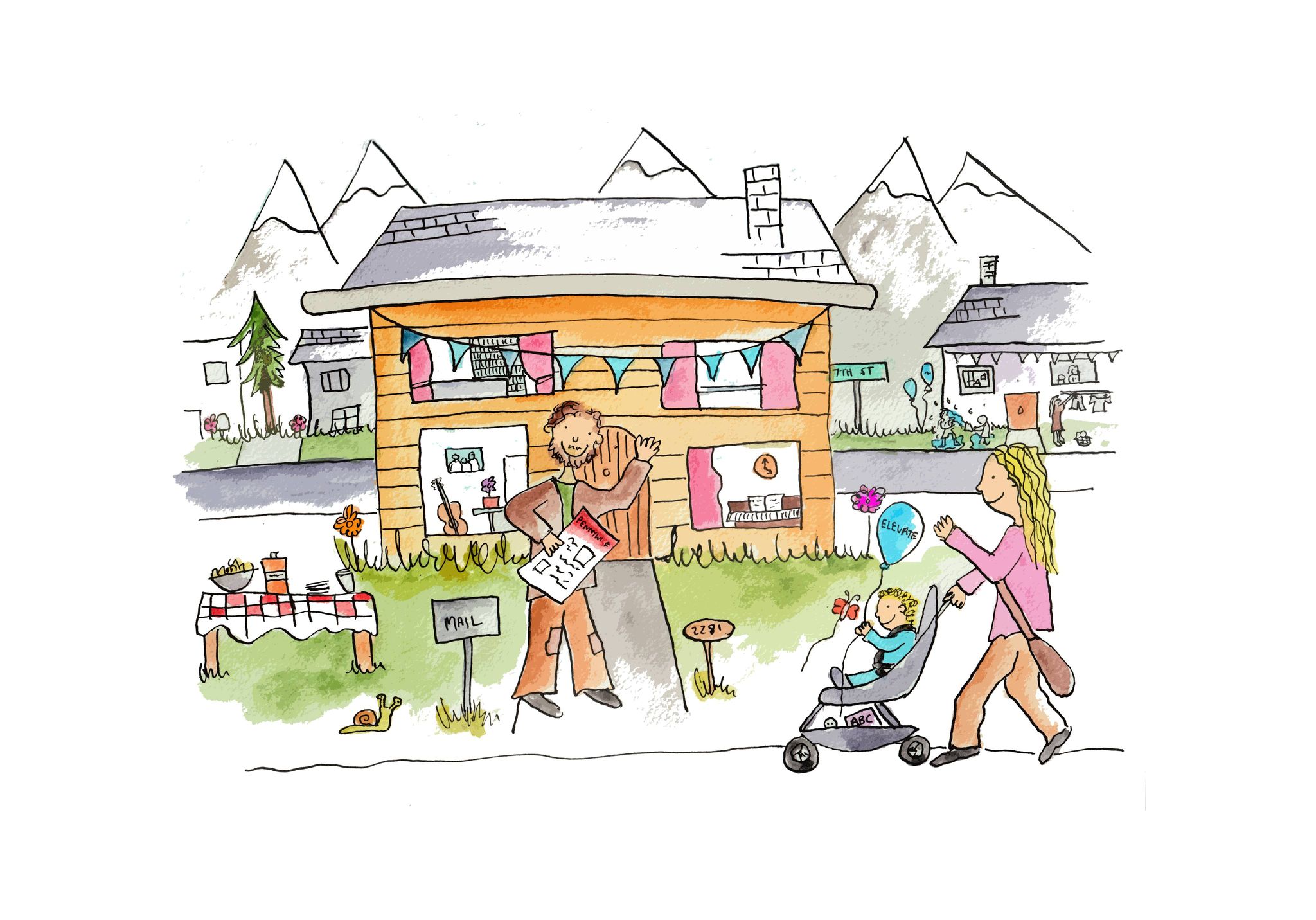 A man waving from his home at a woman pushing her child in a stroller, getting prepared for Elevate to clean.