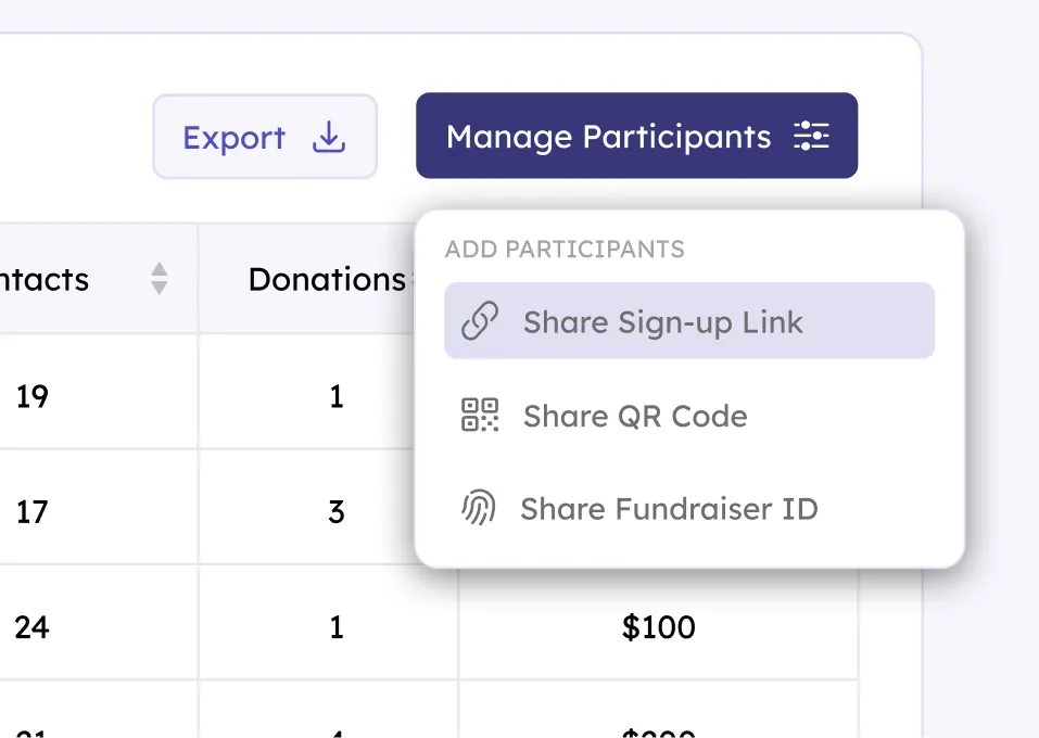 Add participants to your Teamfi fundraiser with a unique sign-up link.