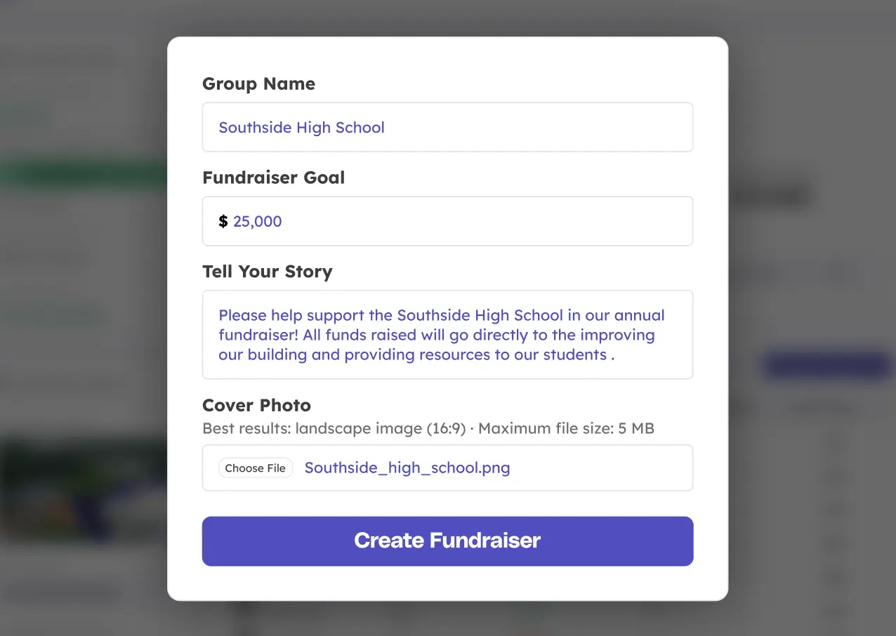 User interface showing creating and customizing a Teamfi Fill My Fundraiser