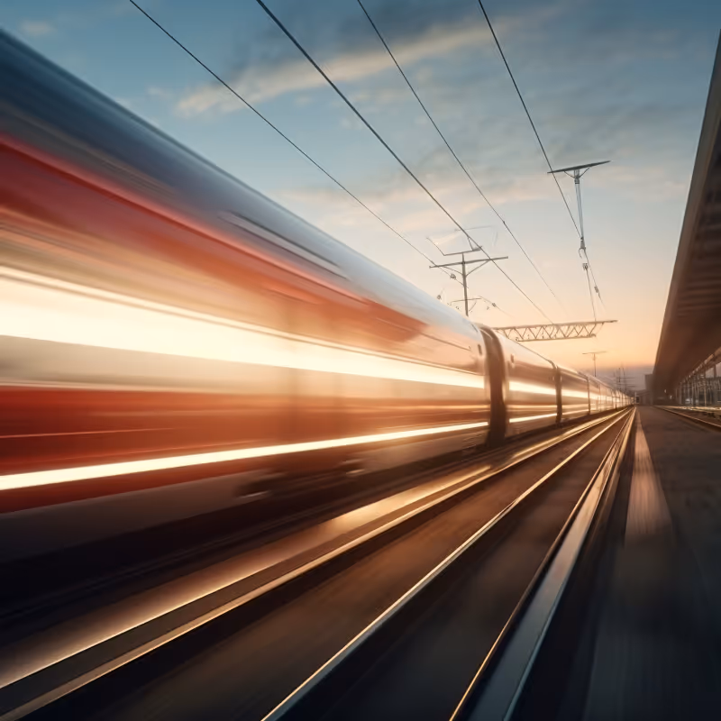 Train à grande vitesse flou traversant une gare au coucher du soleil.
