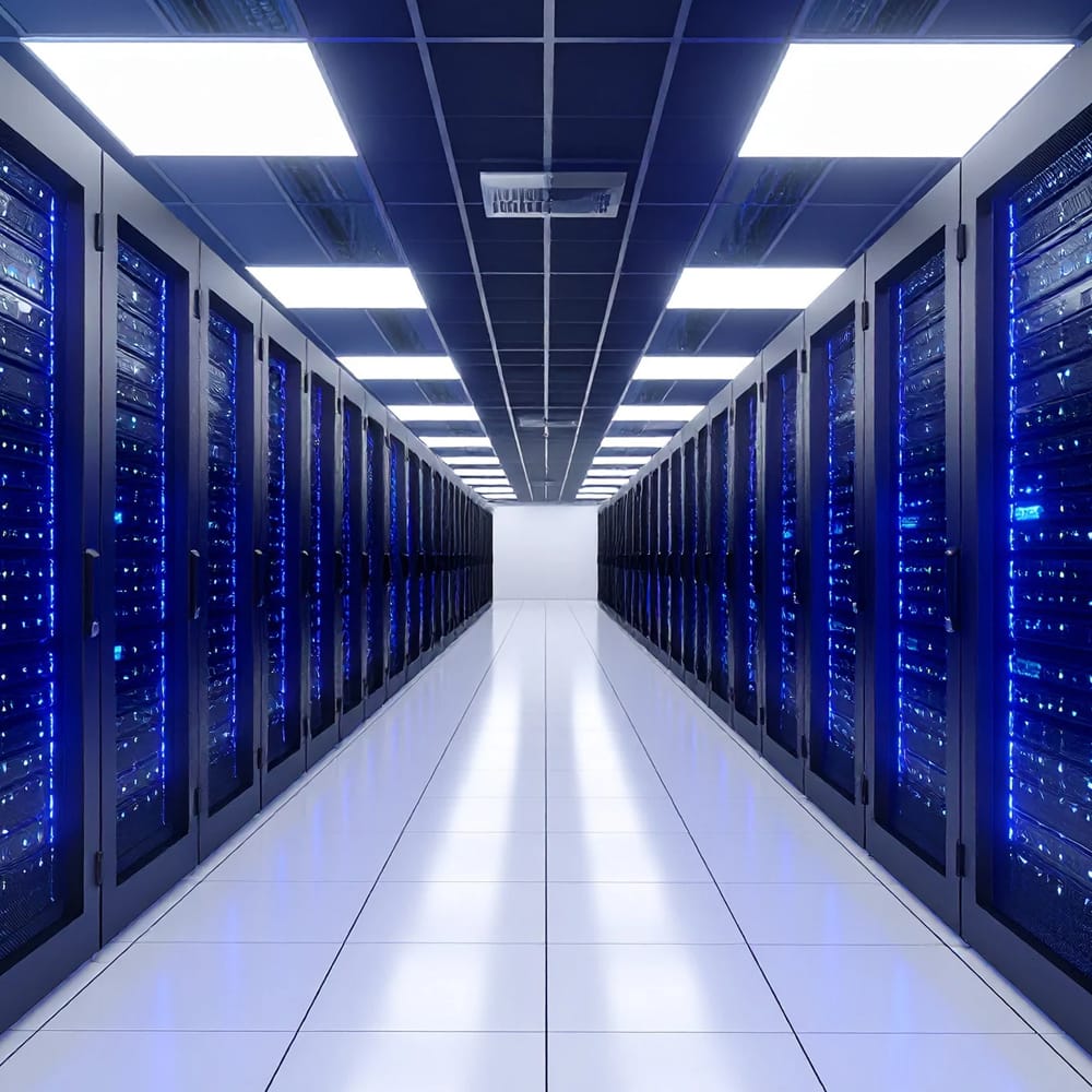 Long couloir dans un centre de données bordé de racks de serveurs noirs éclairés par des lumières bleues sous un plafond grillagé équipé de lumières vives.