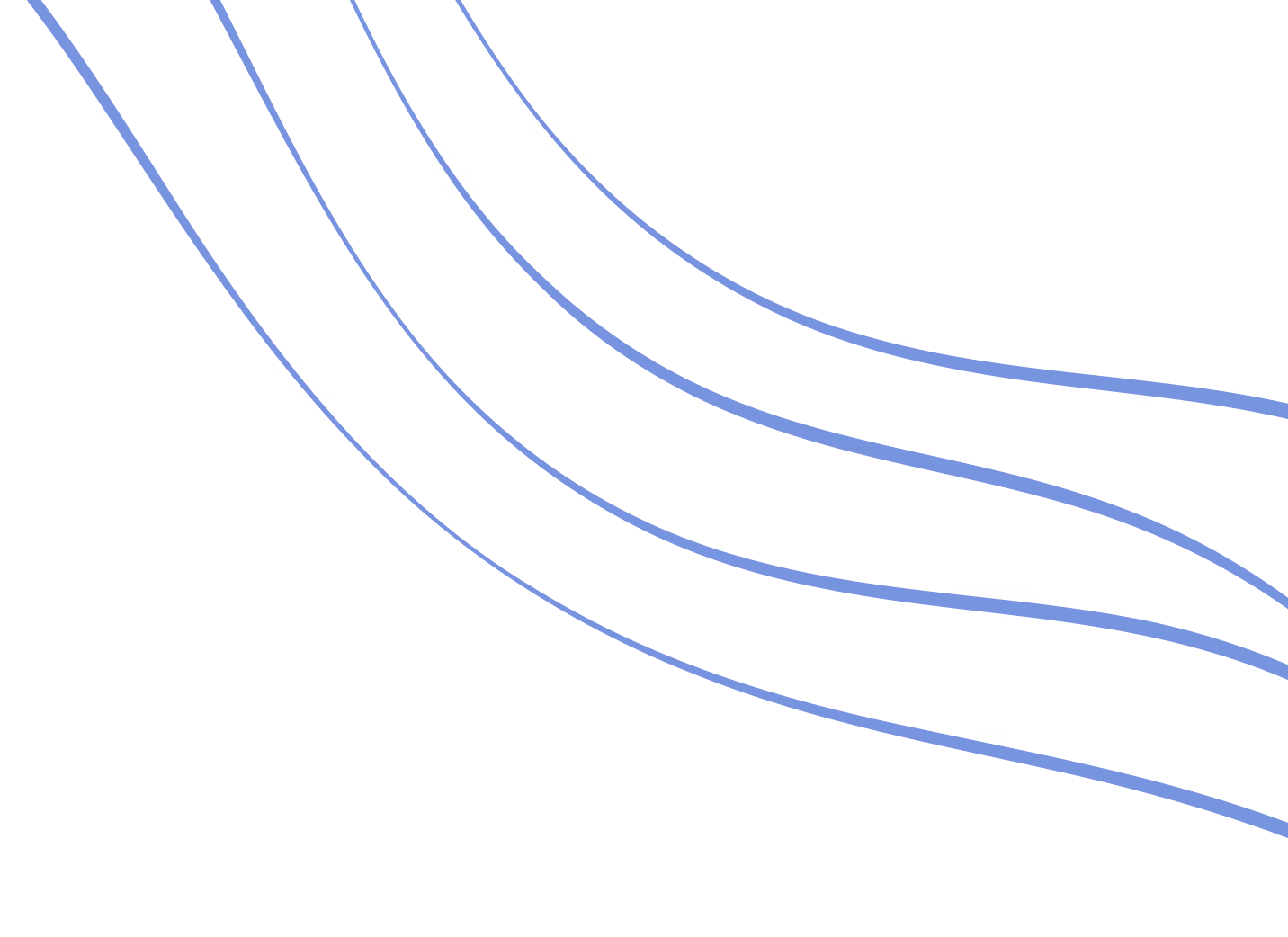 Four curved parallel blue lines on a white background, varying in thickness and spaced closely as they flow from the upper left corner to the lower right.