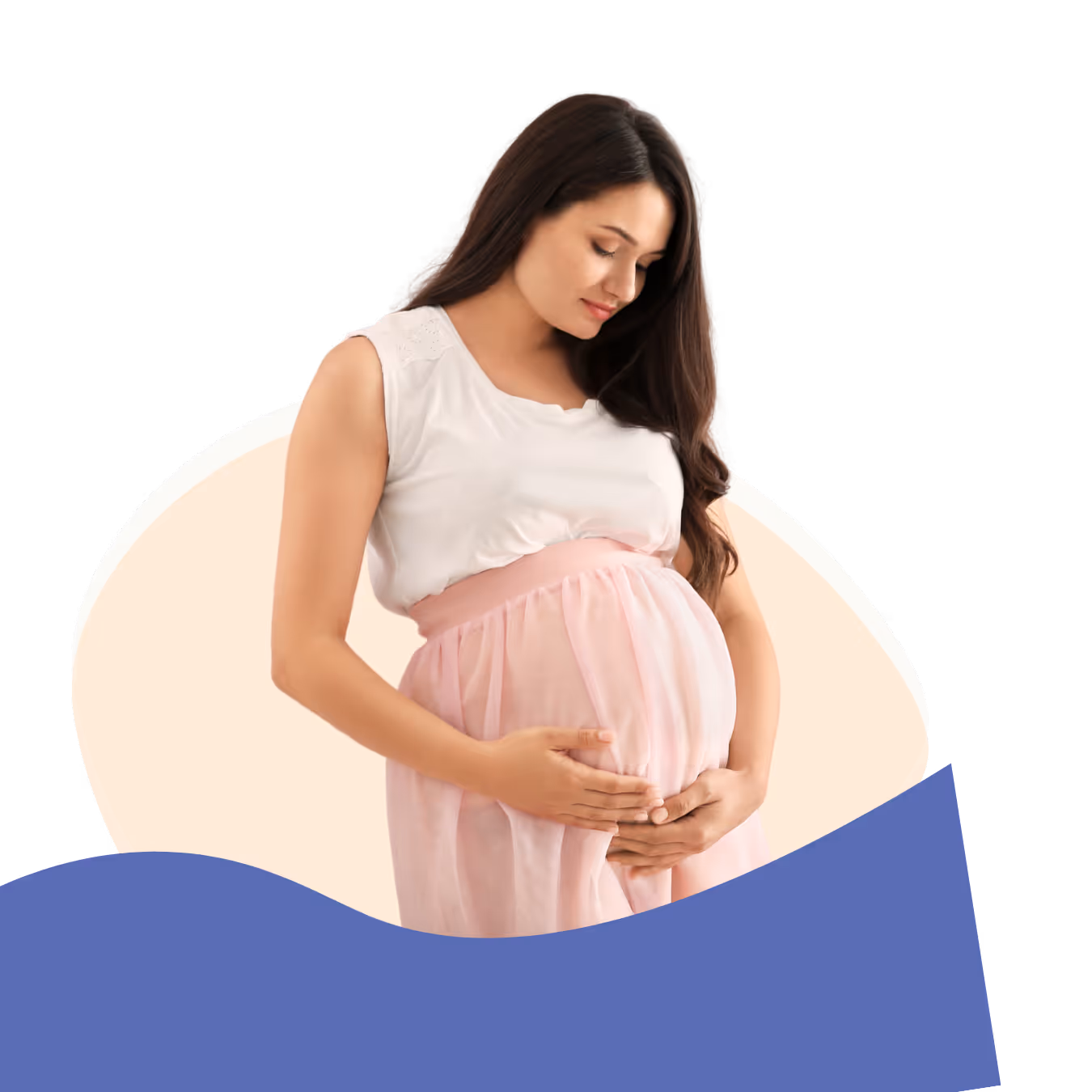 Pregnant woman in a white top and pink skirt gently holding her belly against a light peach and blue abstract background.