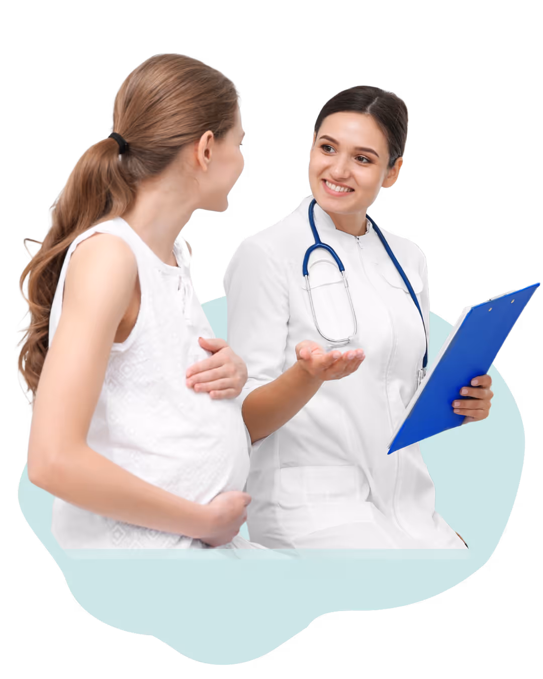 Pregnant woman in white talks with smiling female doctor holding blue clipboard and wearing stethoscope.