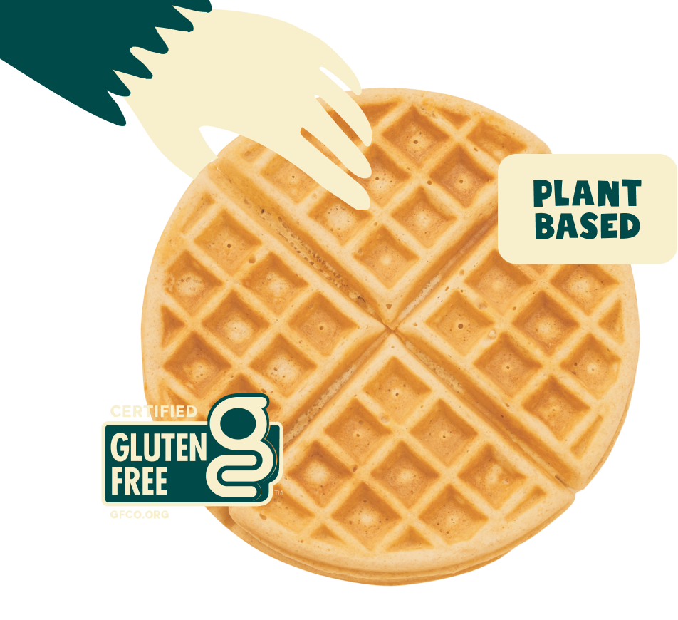 Classic Homestyle Waffle being held by illustration of a monkey hand.