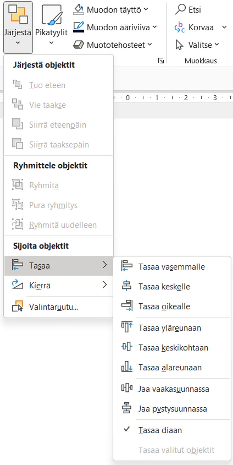 Tasaa-valikko PowerPointissa.