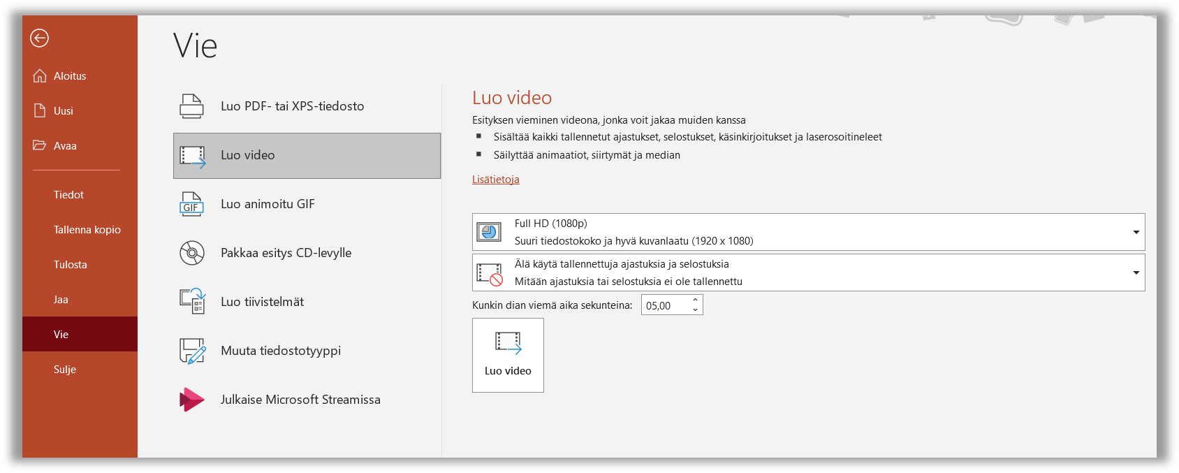 PowerPoint-esityksen vieminen videoksi