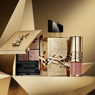 Holiday collectors: Couture Mini Clutch, Libre Vanille Couture, Loveshine Pluming Lip Oil Gloss, Loveshine Candy Glaze on a golden star.