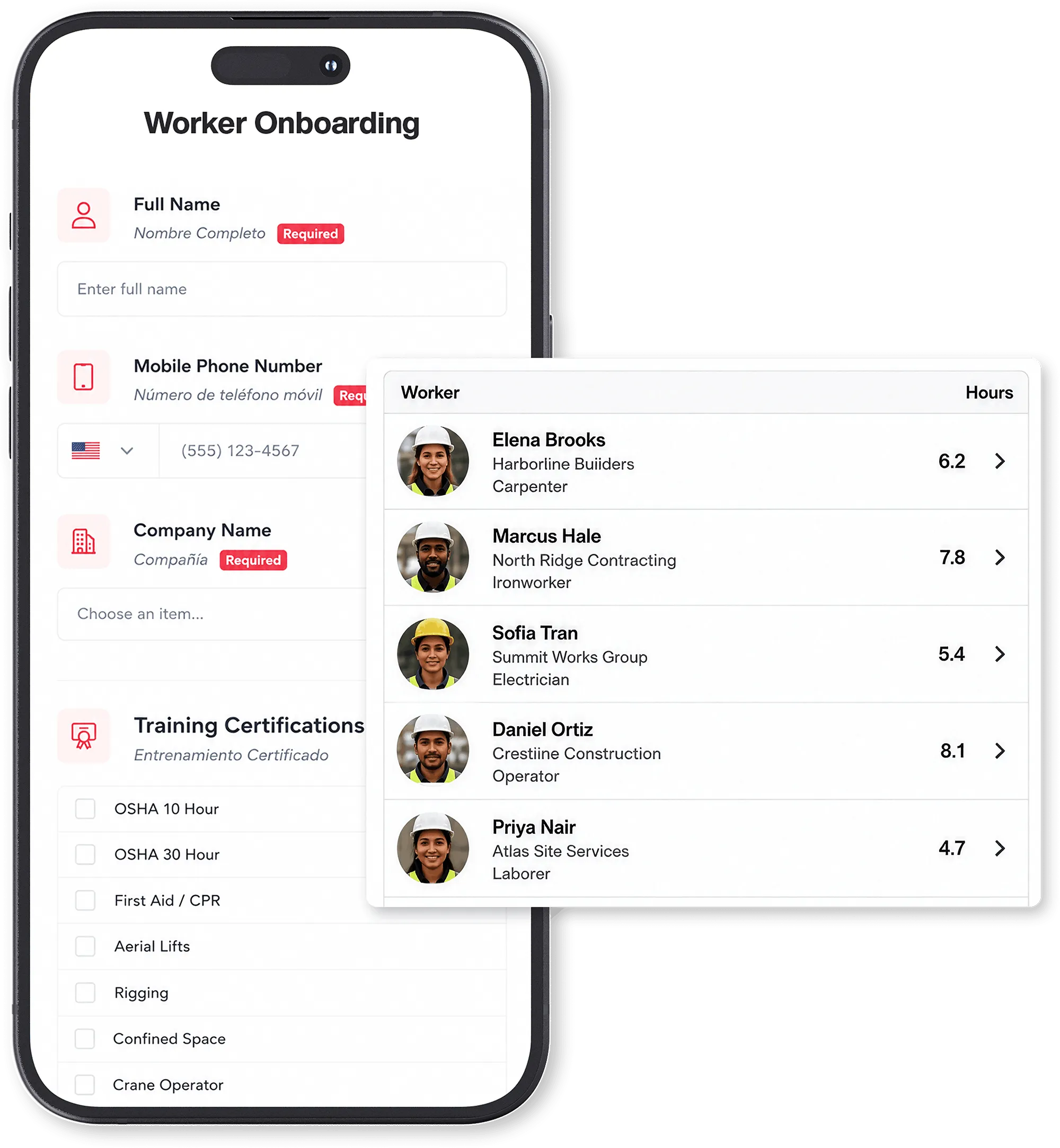 Worker onboarding in Sitemetric, showing credentials, orientation, and safety requirements cleared before the first shift.