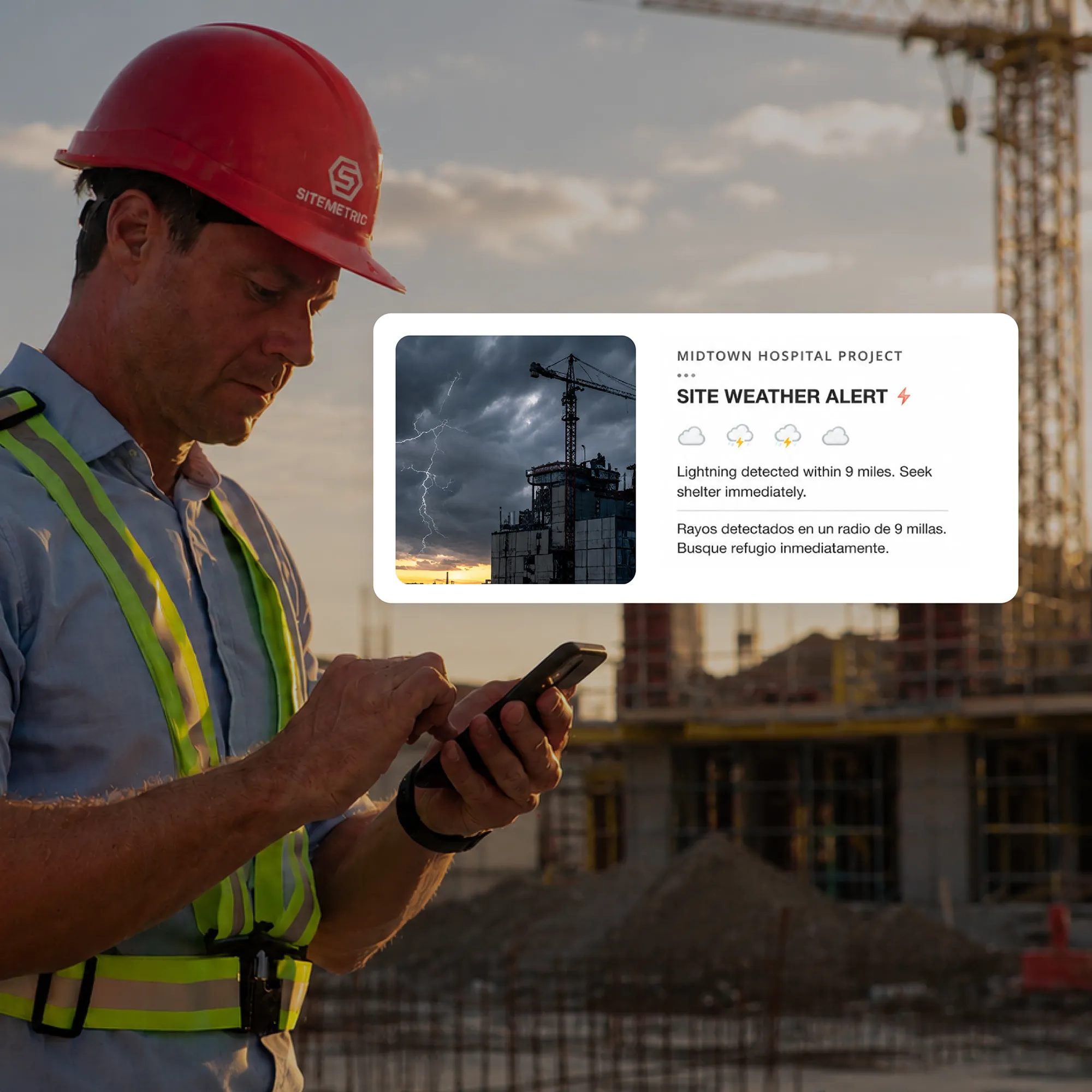 Sitemetric mobile safety notification alerting crews to a hazard on the worksite.