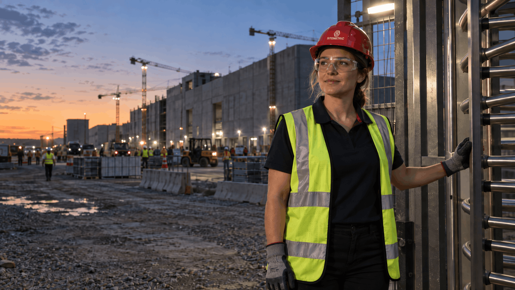 Sitemetric access control officer at a jobsite entrance at dusk.