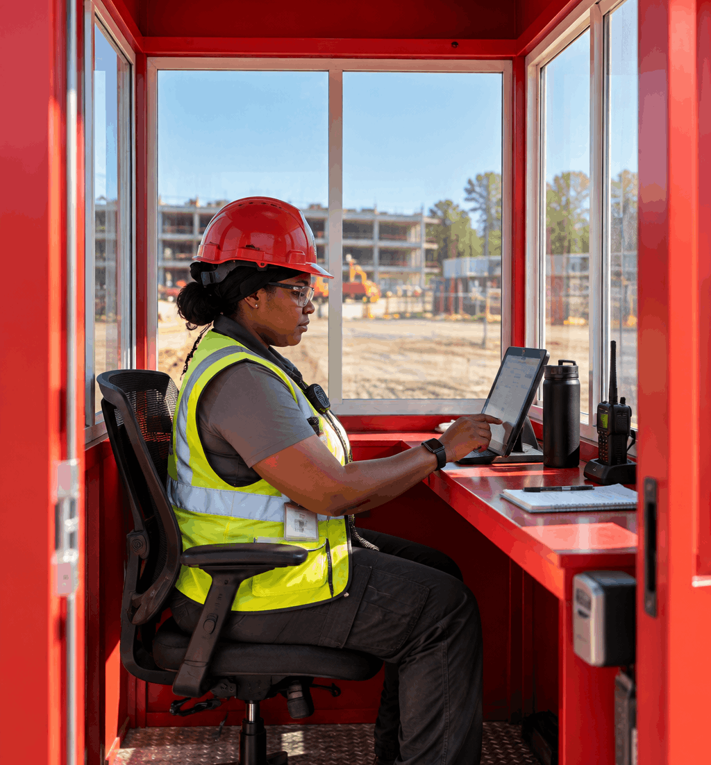 Sitemetric access control officer working at the desk inside a jobsite access booth.