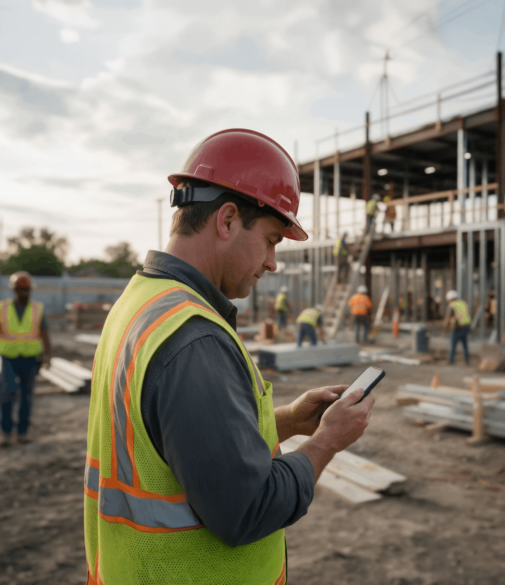 A construction superintendent in a hard hat and high-visibility vest reading a message on his phone, with his crew working on a steel-framed structure behind him.