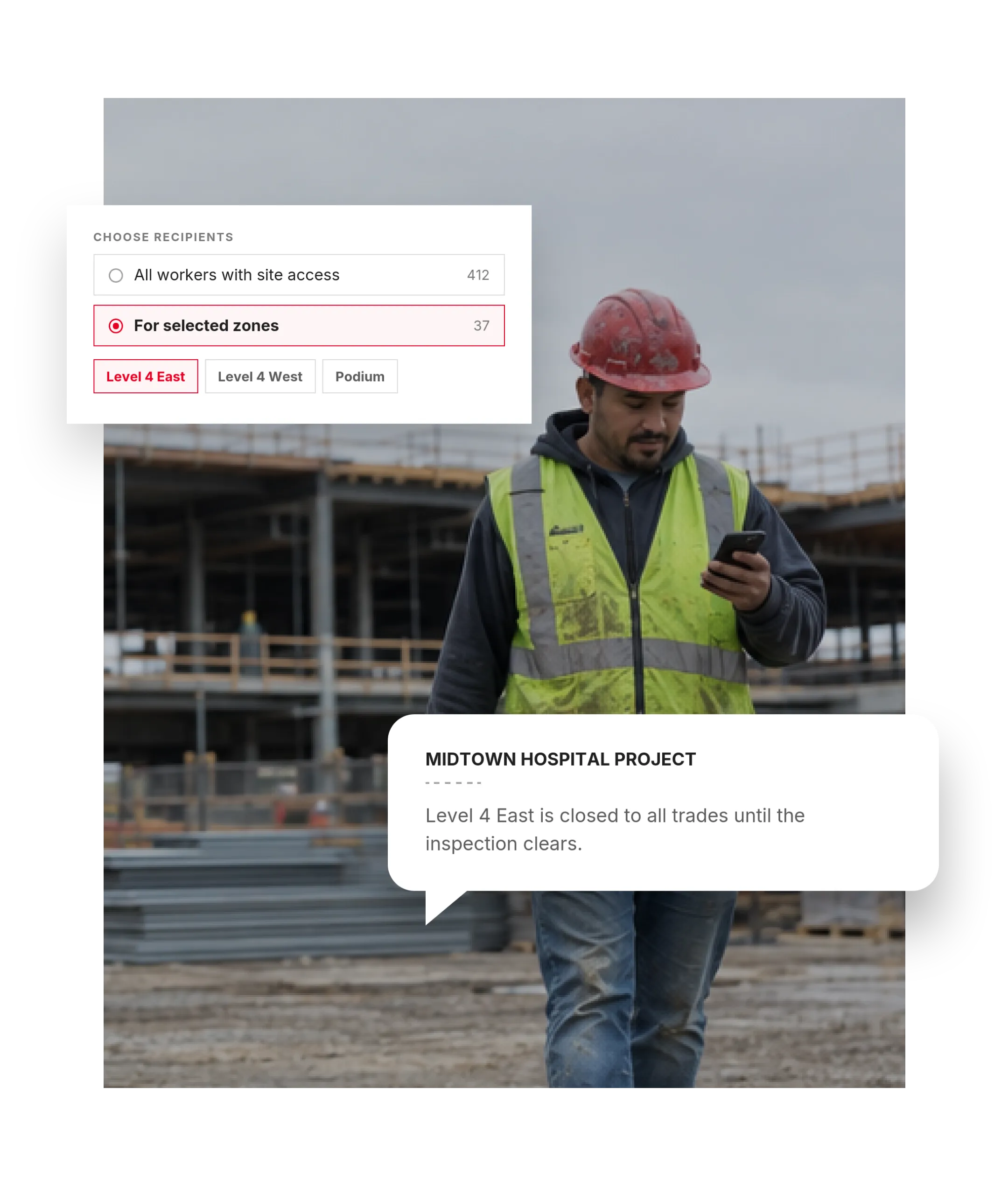 A construction worker in a hard hat and high-visibility vest walking across a jobsite while reading a message on his phone. Overlaid on the photo, the Sitemetric recipient selector is filtered to the Level 4 East zone with 37 workers selected, and a message bubble reads: Midtown Hospital Project. Level 4 East is closed to all trades until the inspection clears.