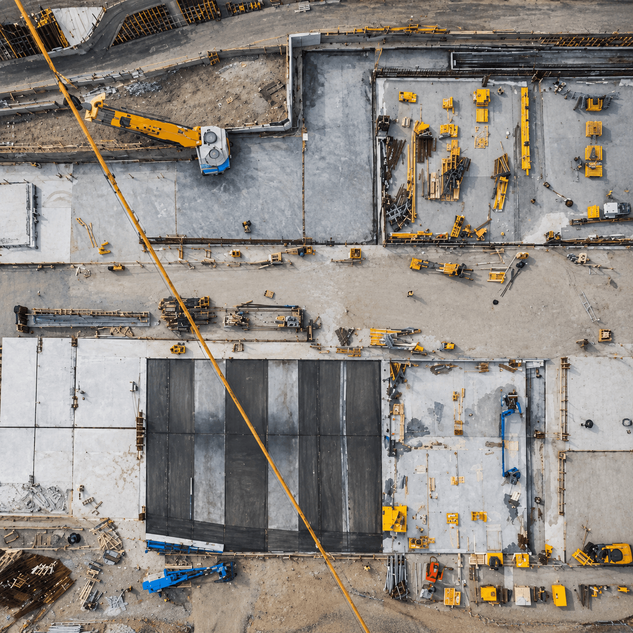 Aerial view of the jobsite with the new west entrance marked in yellow.